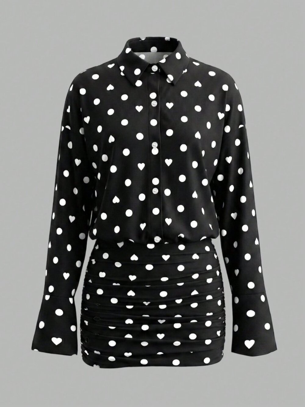 Black Casual Women's Polka Dot Print Front Button Long Sleeve Mini Dress - Picture 3 of 4